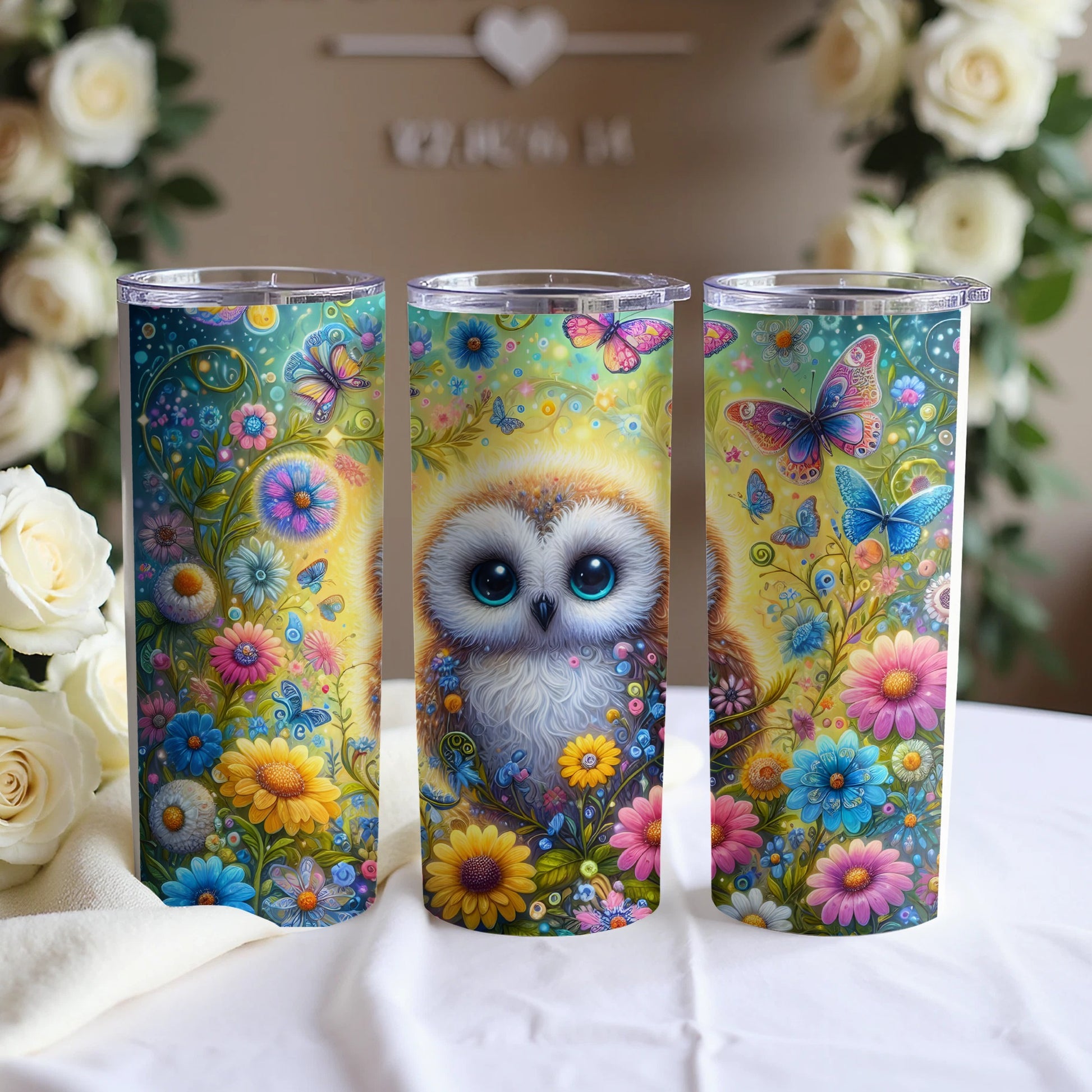 Three tumblers with owl and floral butterfly designs displayed on a table.