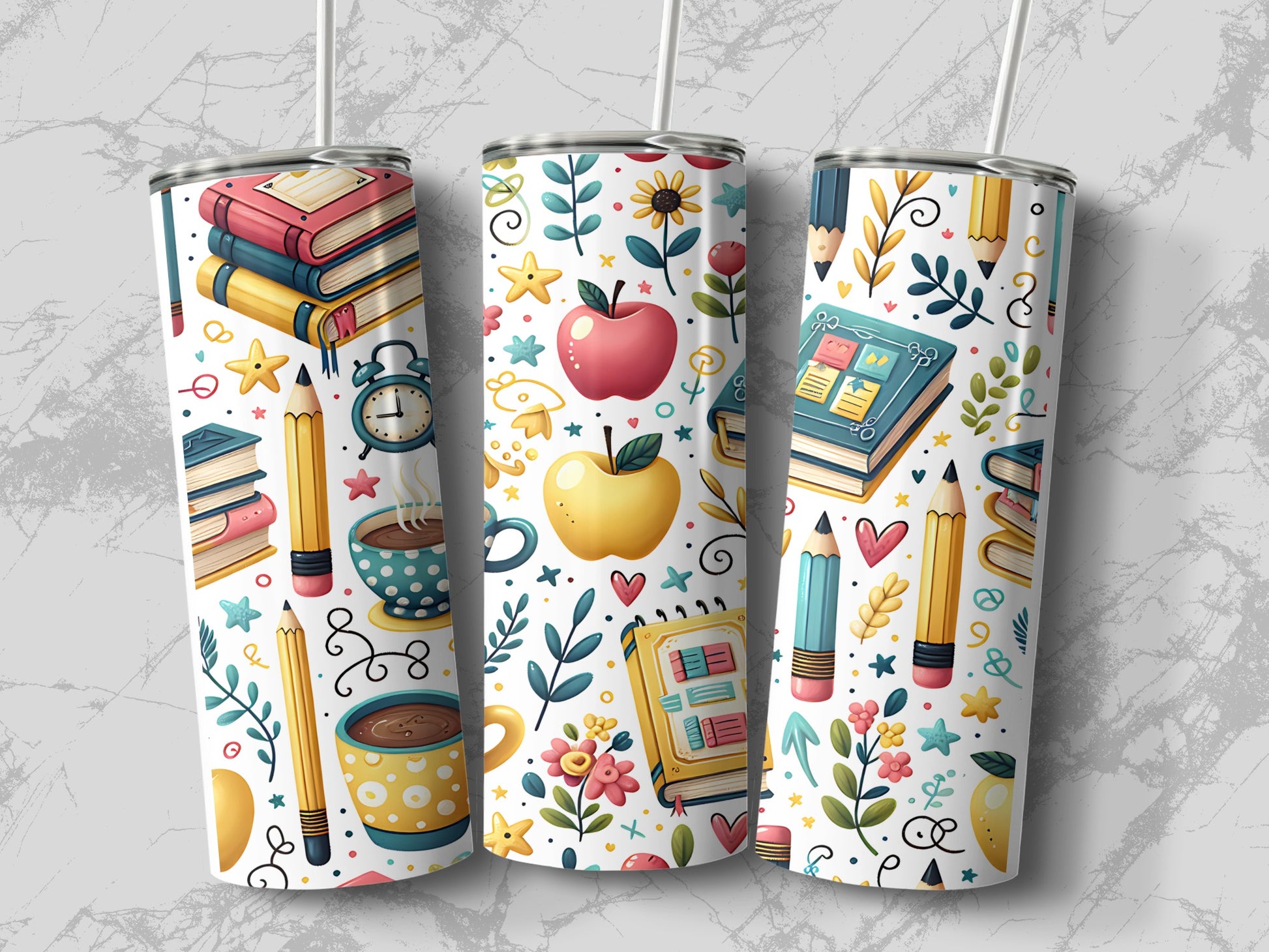 Three tumblers with a teacher-themed pattern of books, apples, pencils, and coffee cups.