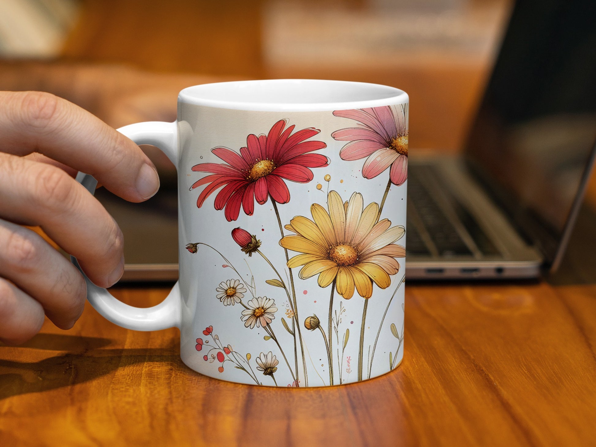 Red Pink Yellow Daisy Watercolor Floral Artwork Mug product type
