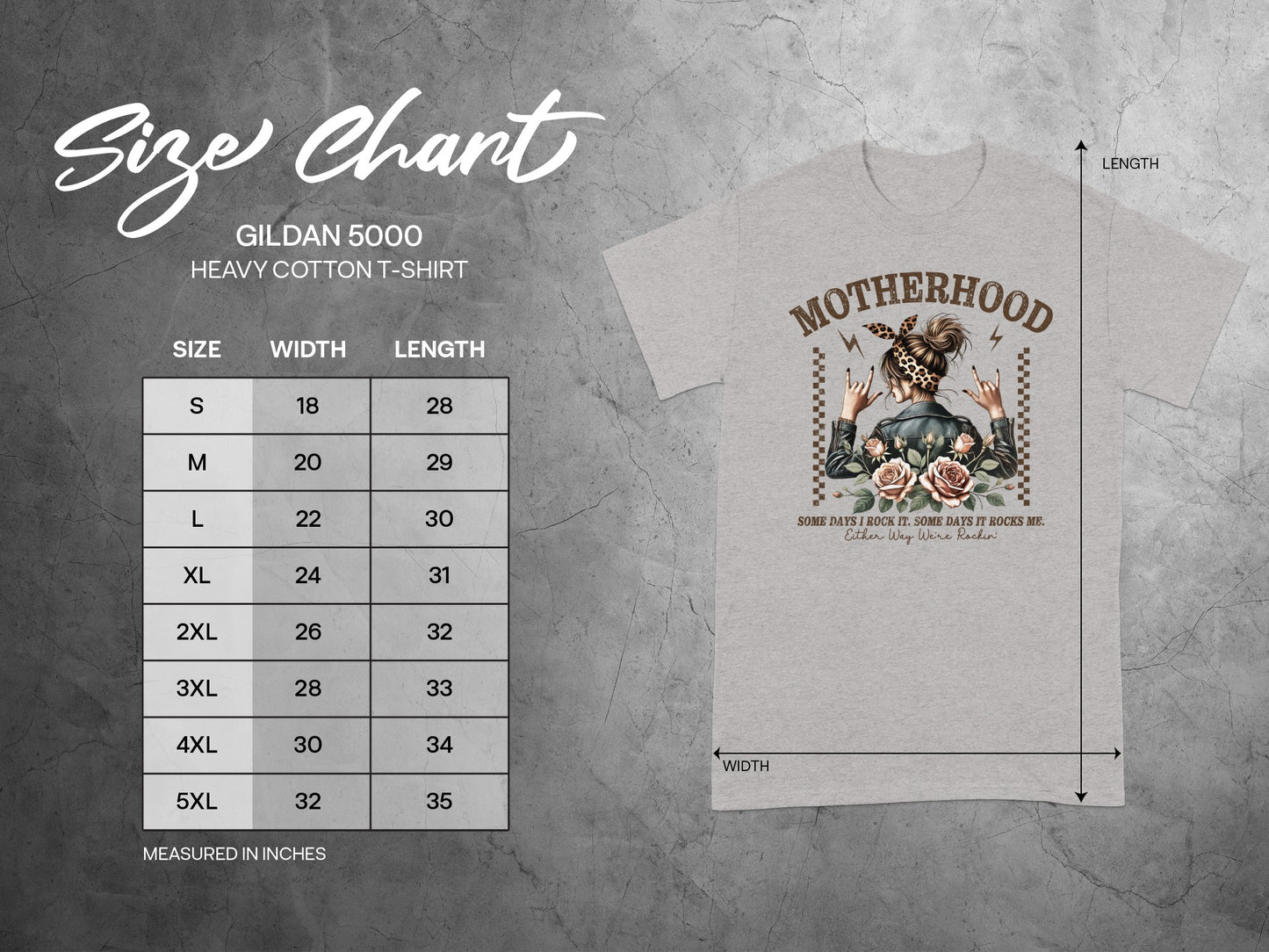 Gildan 5000 t-shirt size chart with measurements and Motherhood graphic.