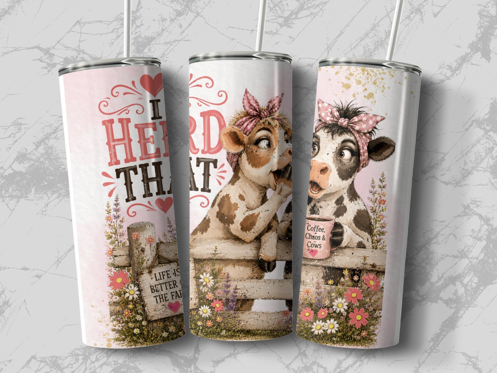 Three tumblers with cartoon cows, one saying "I Herd That" and another "Coffee, Chaos & Cows".