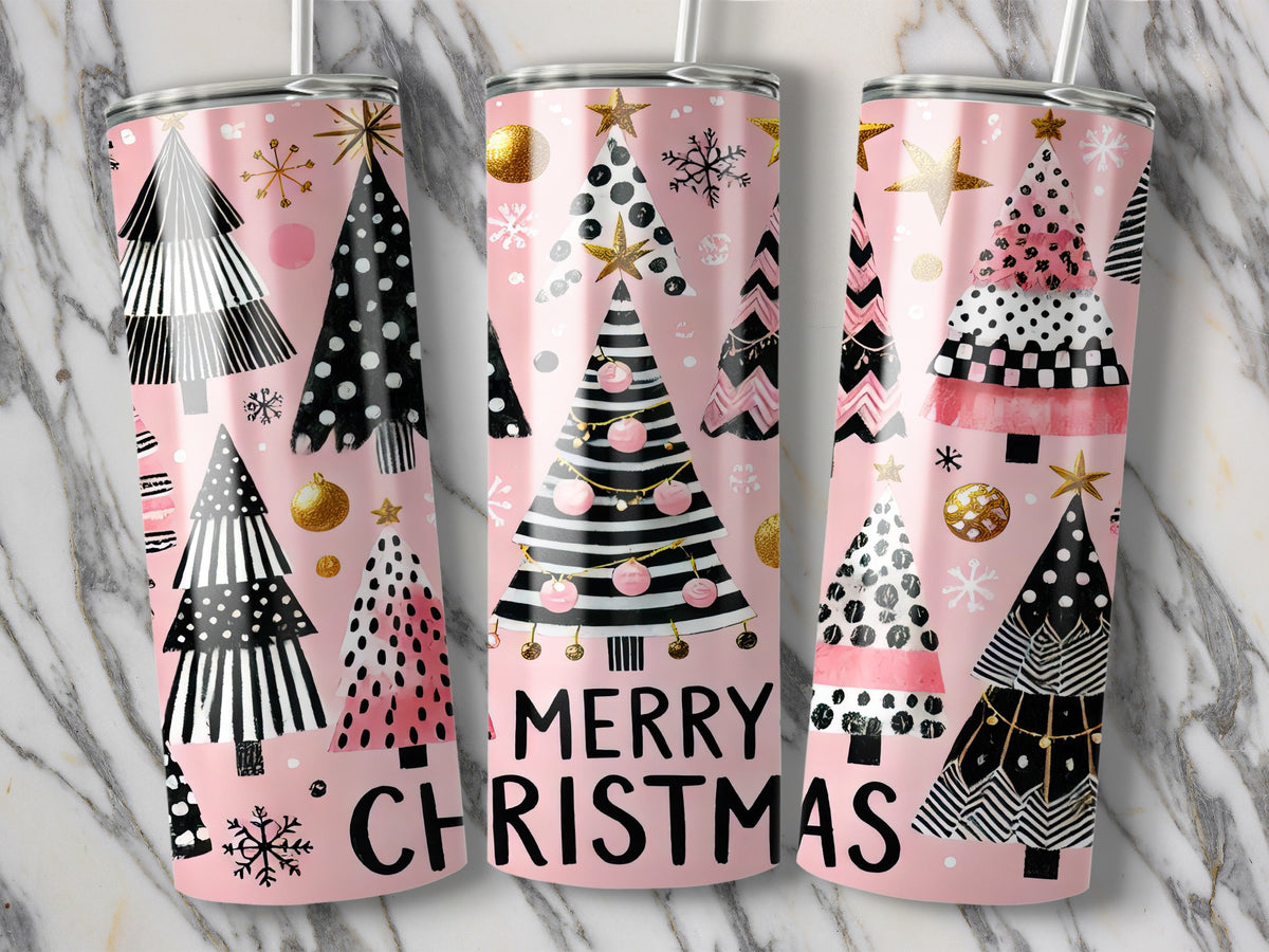 Three pink Christmas tumblers decorated with patterned trees, snowflakes, gold ornaments, and the text Merry Christmas.