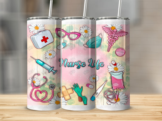 Nurse life tumbler with medical icons and daisies.