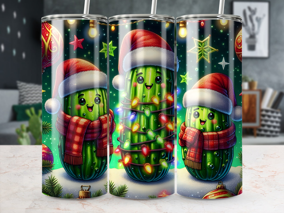 Three tall tumblers display a Christmas pickle pattern featuring cute pickles in Santa hats and festive decorations.