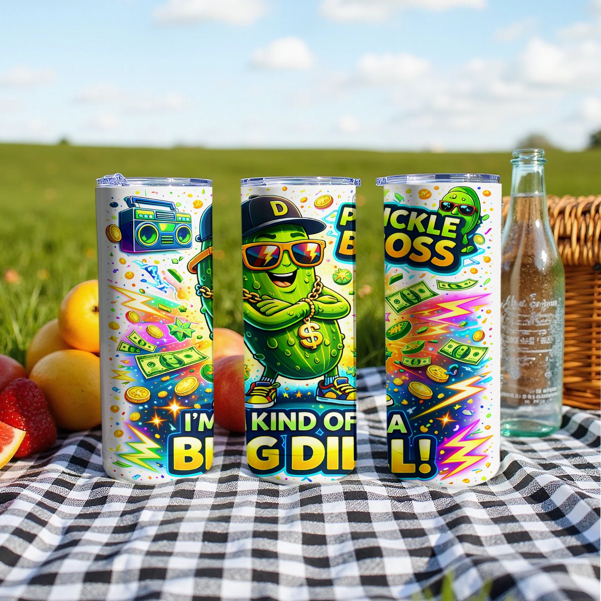 Tumbler with cartoon pickle wearing sunglasses, holding money, saying "I'm kind of a big dill."