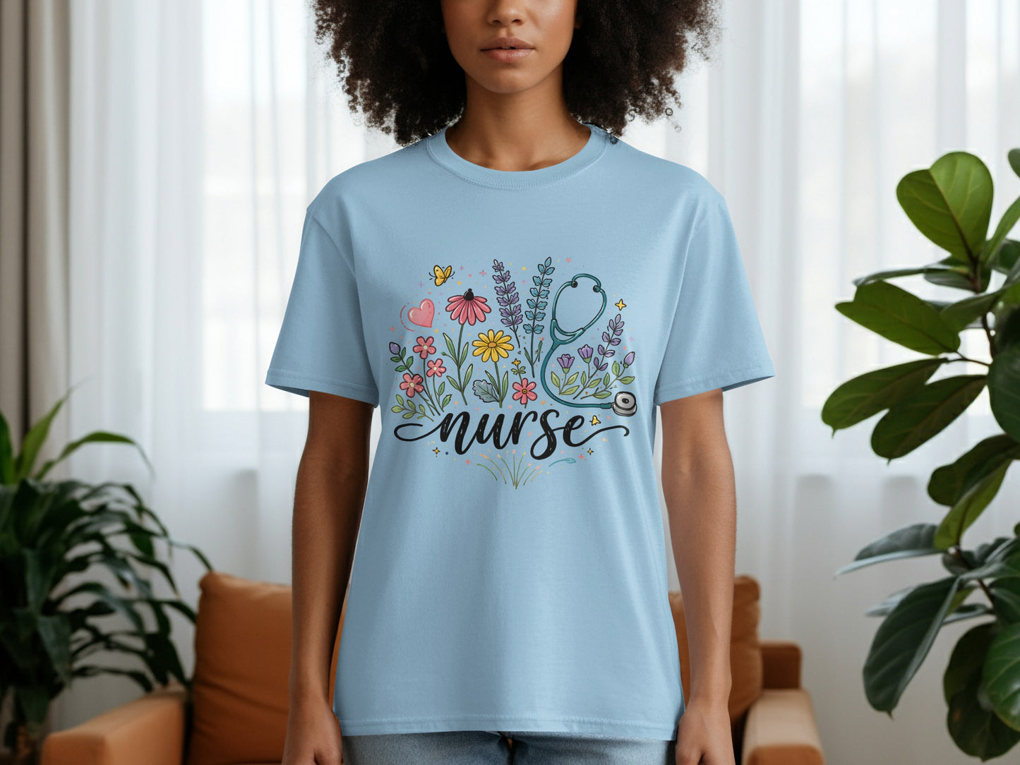 Light blue t-shirt with floral stethoscope and "Nurse" text.