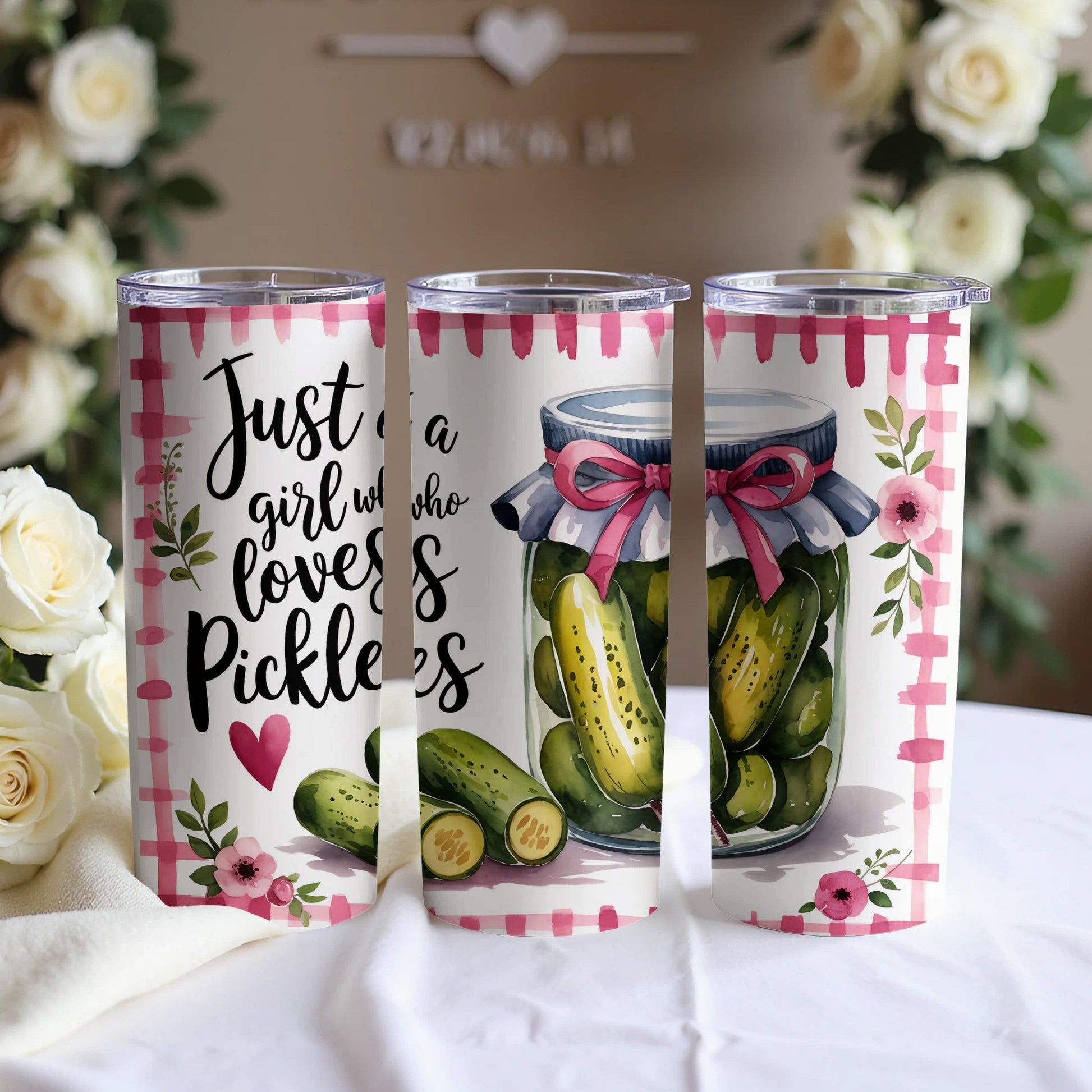 Tumbler with "Just a girl who loves pickles" text and pickle jar illustration.