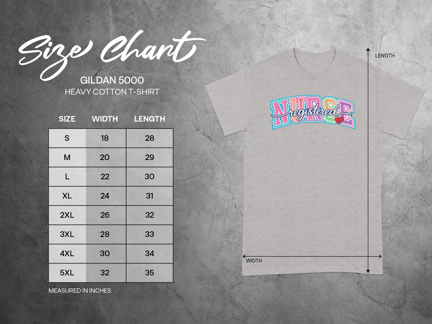Gildan 5000 heavy cotton t-shirt size chart with measurements in inches.