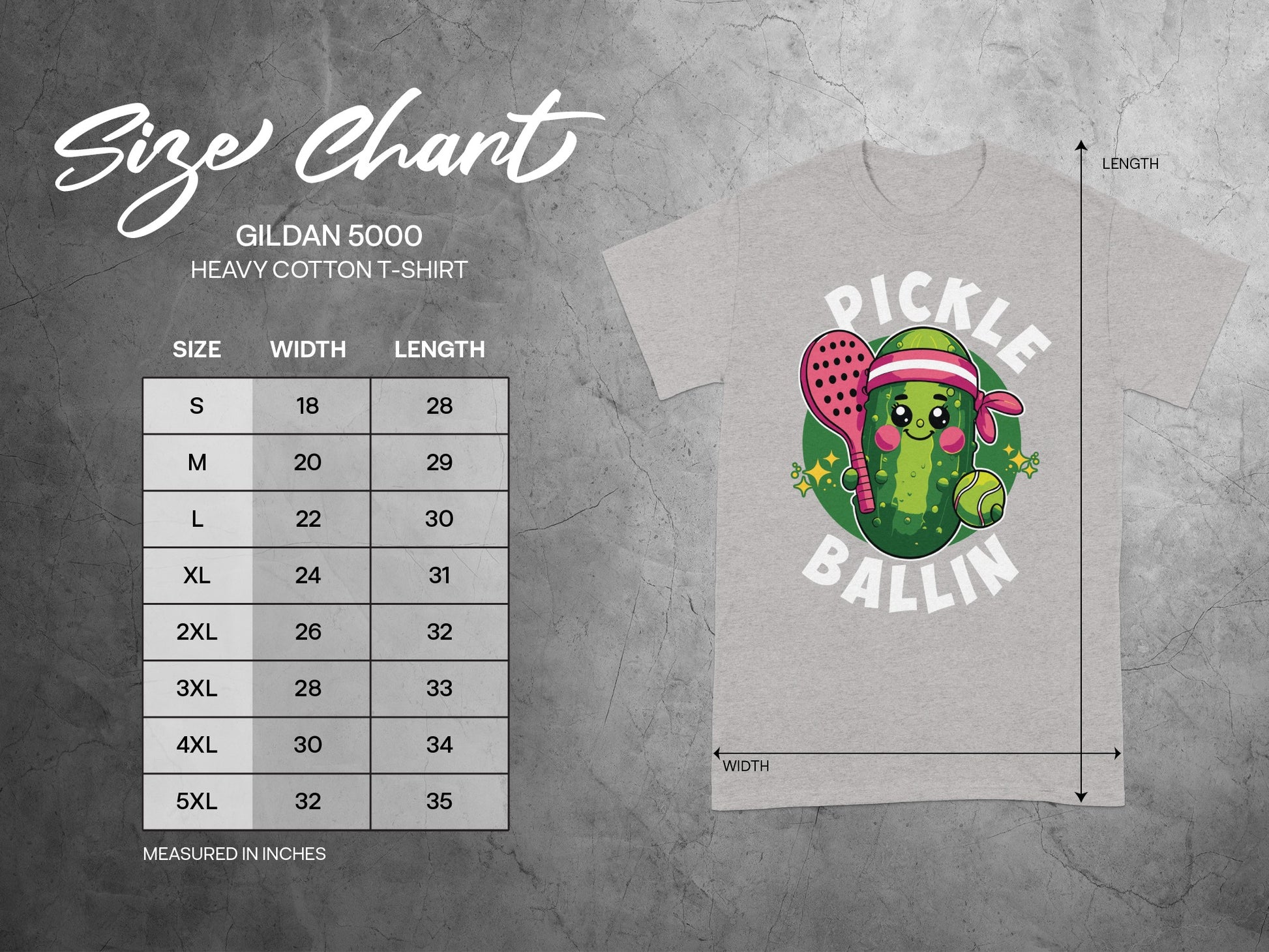 Gildan 5000 size chart with pickle wearing sunglasses and tennis racket.