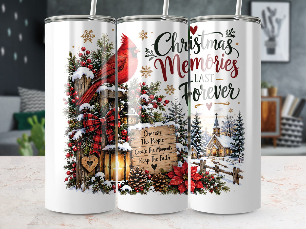 Three white tumblers with Christmas-themed designs featuring a cardinal, lanterns, a snowy church, and uplifting text.