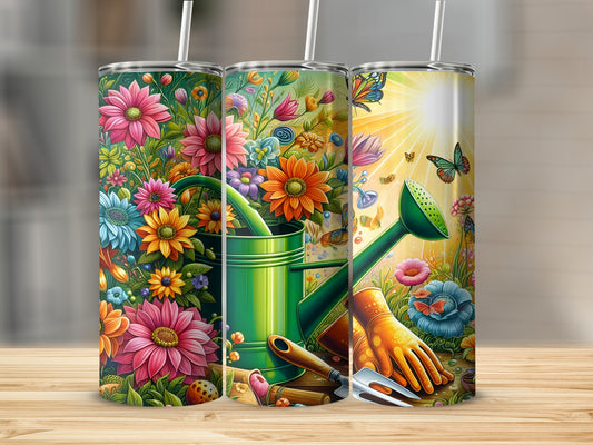 Two tumblers with floral and garden tool designs, one featuring a watering can.