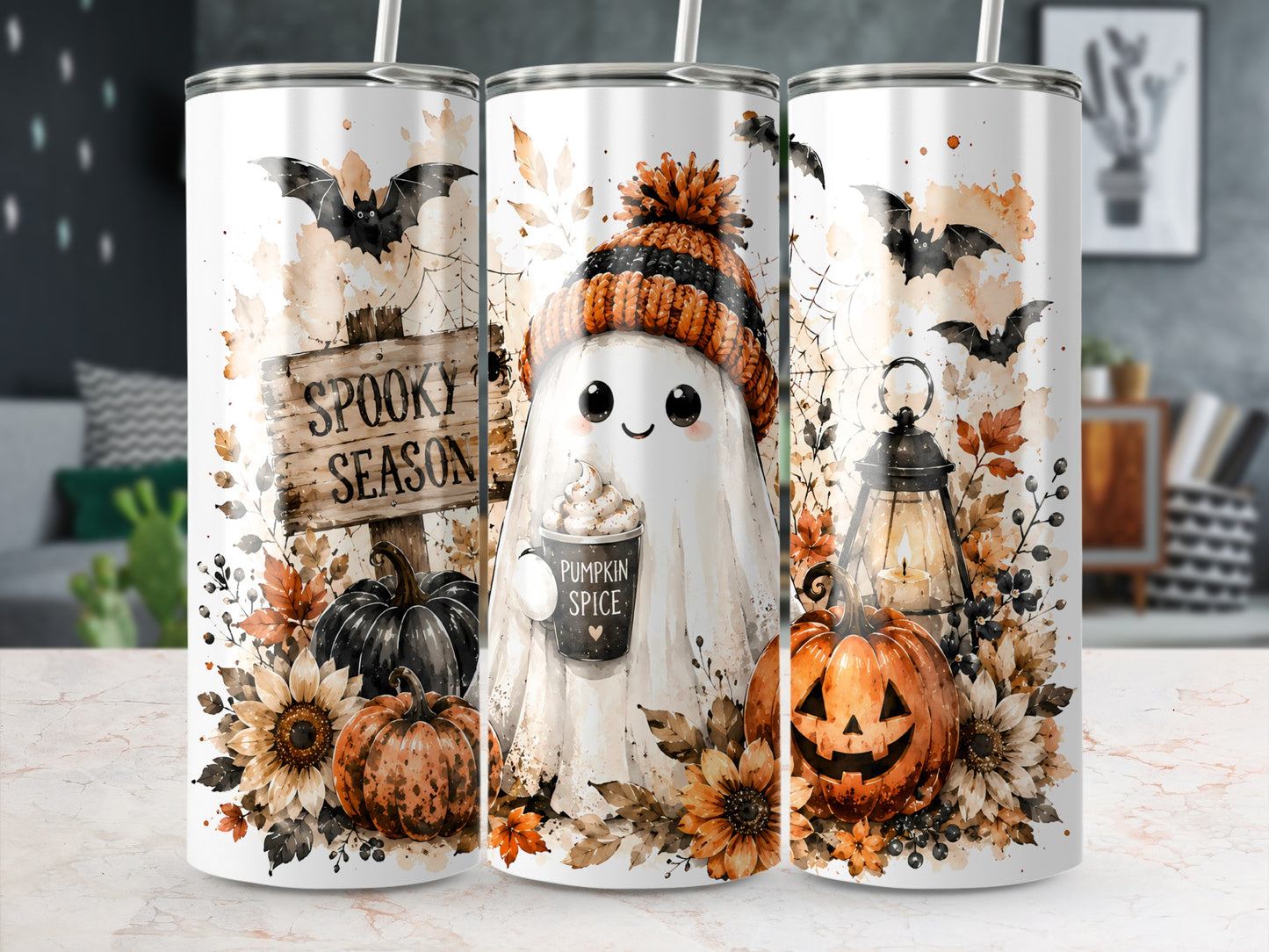Halloween tumblers with ghost, pumpkins, bats, and "Spooky Season" text.