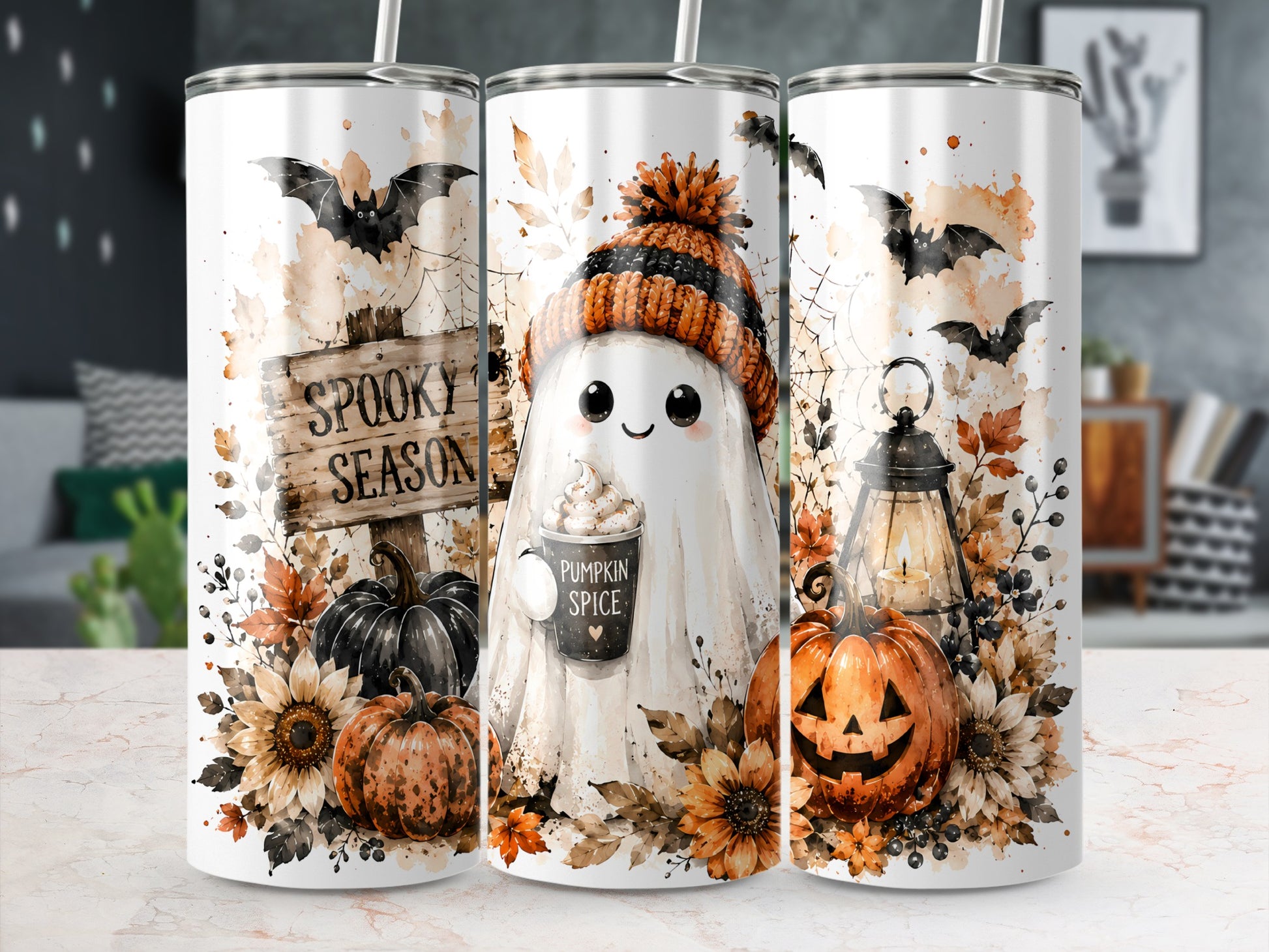 Halloween tumblers with ghost, pumpkins, bats, and "Spooky Season" text.