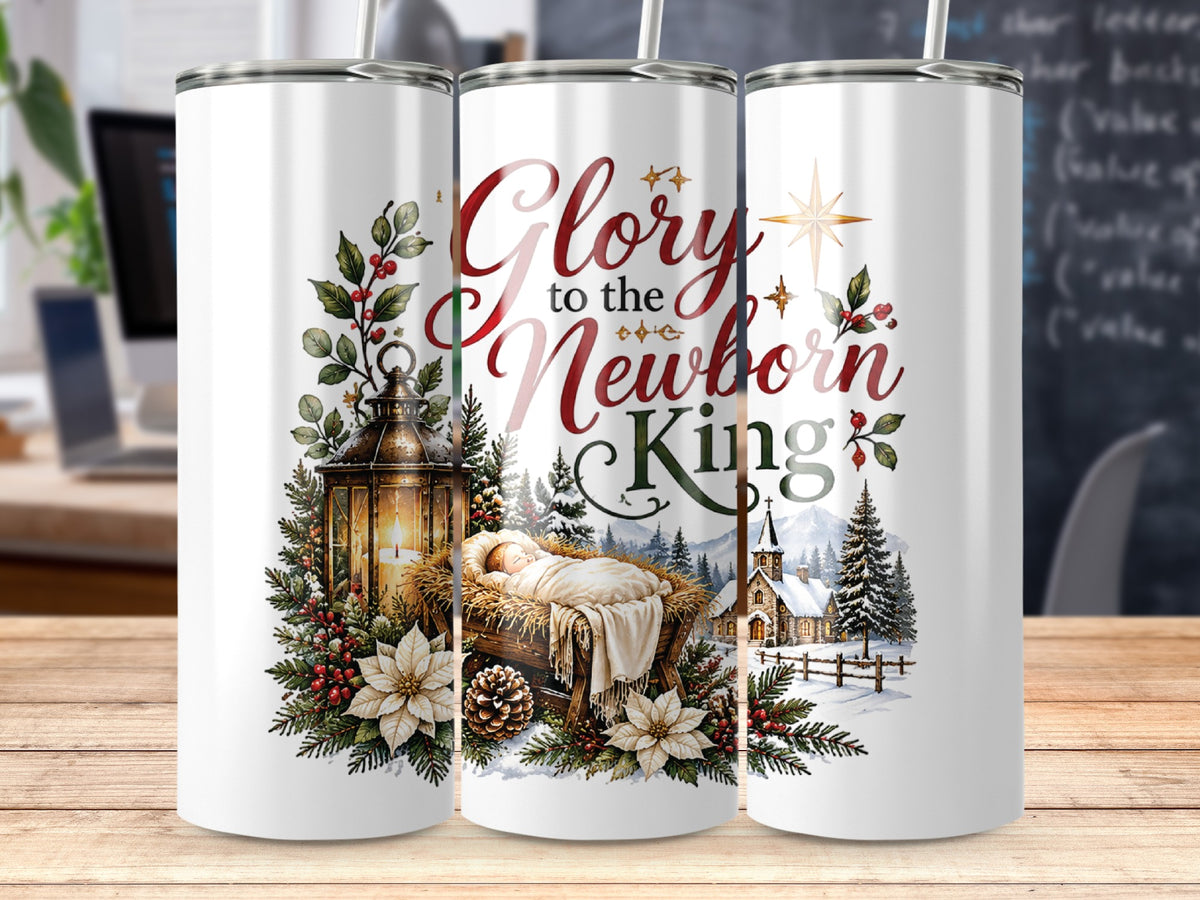 Three matching white tumblers display a Christmas nativity scene featuring a manger, lantern, and the text Glory to the Newborn King.