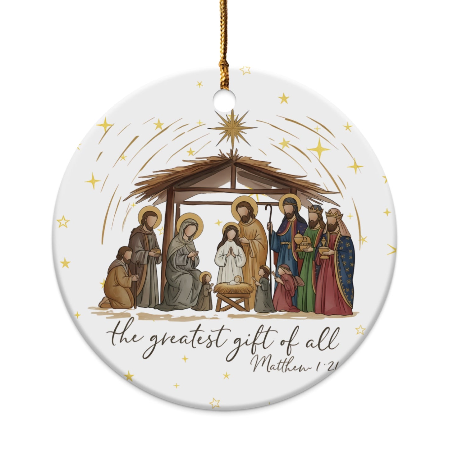 Nativity scene ornament with the greatest gift of all Matthew 1:21.