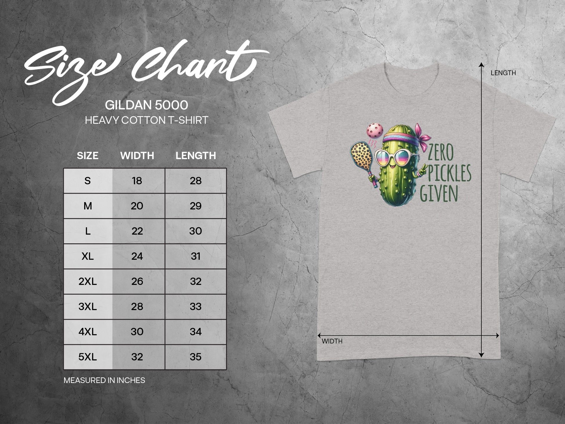 Gildan 5000 t-shirt size chart with width and length measurements.