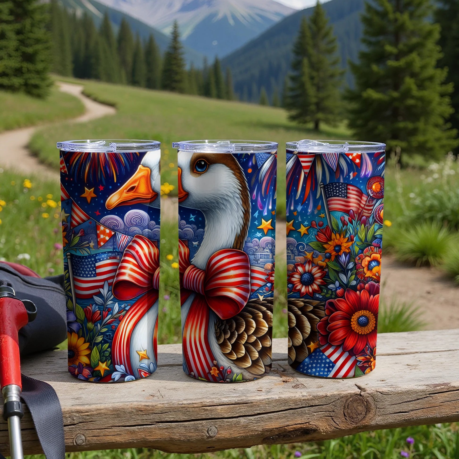Three patriotic tumblers with patriotic designs featuring fireworks, flags, and flowers.