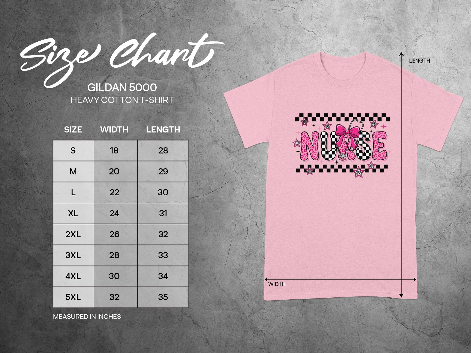 Gildan 5000 Heavy Cotton T-Shirt size chart with measurements.