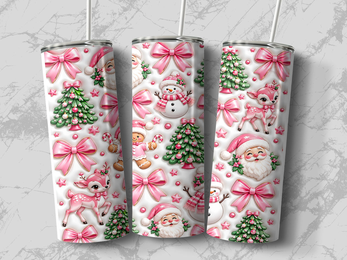 Three matching cylindrical tumblers featuring a repeating pink and green Christmas pattern with Santa, reindeer, snowmen, and trees.