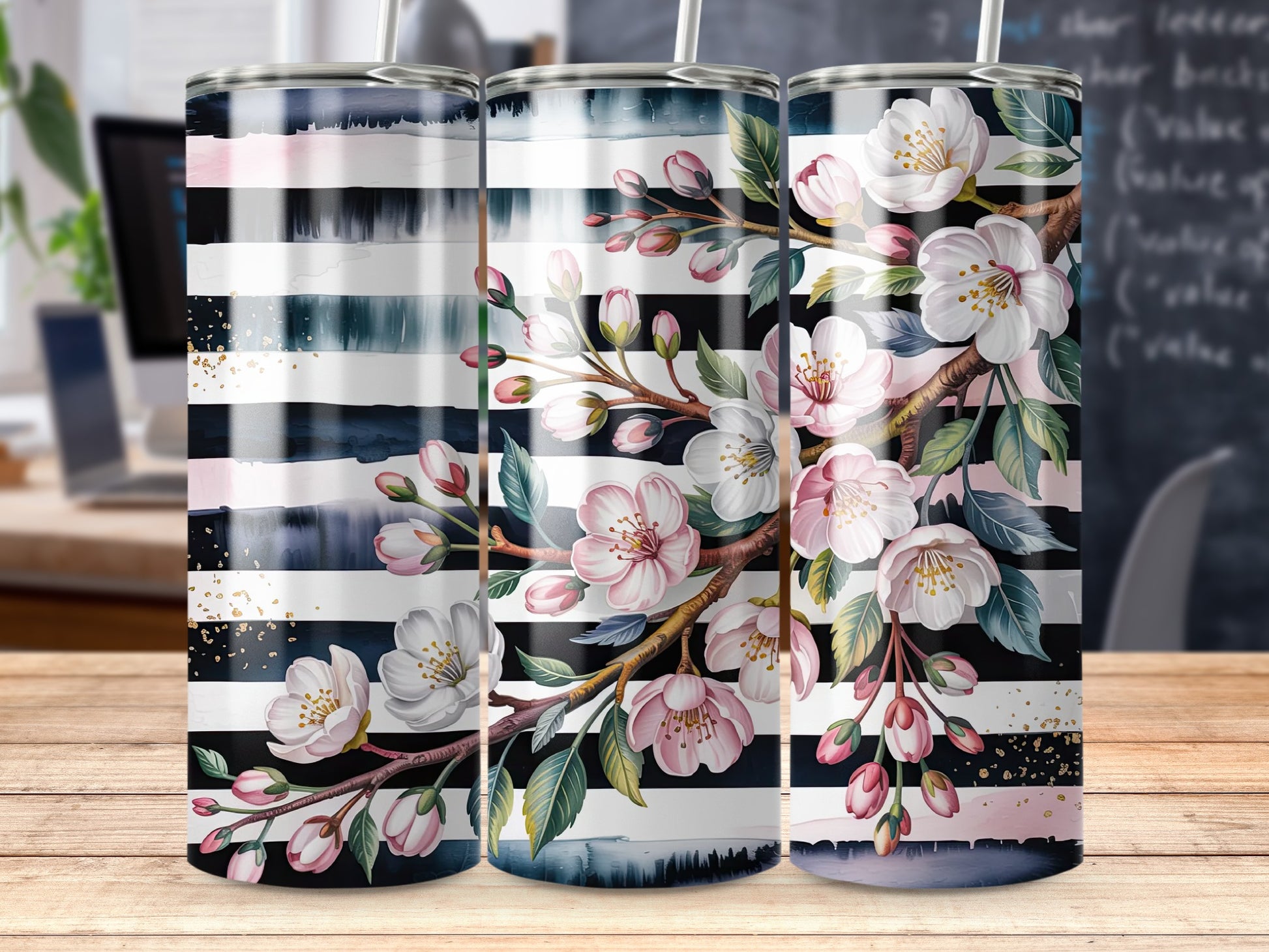 Cherry blossoms on striped background tumbler.