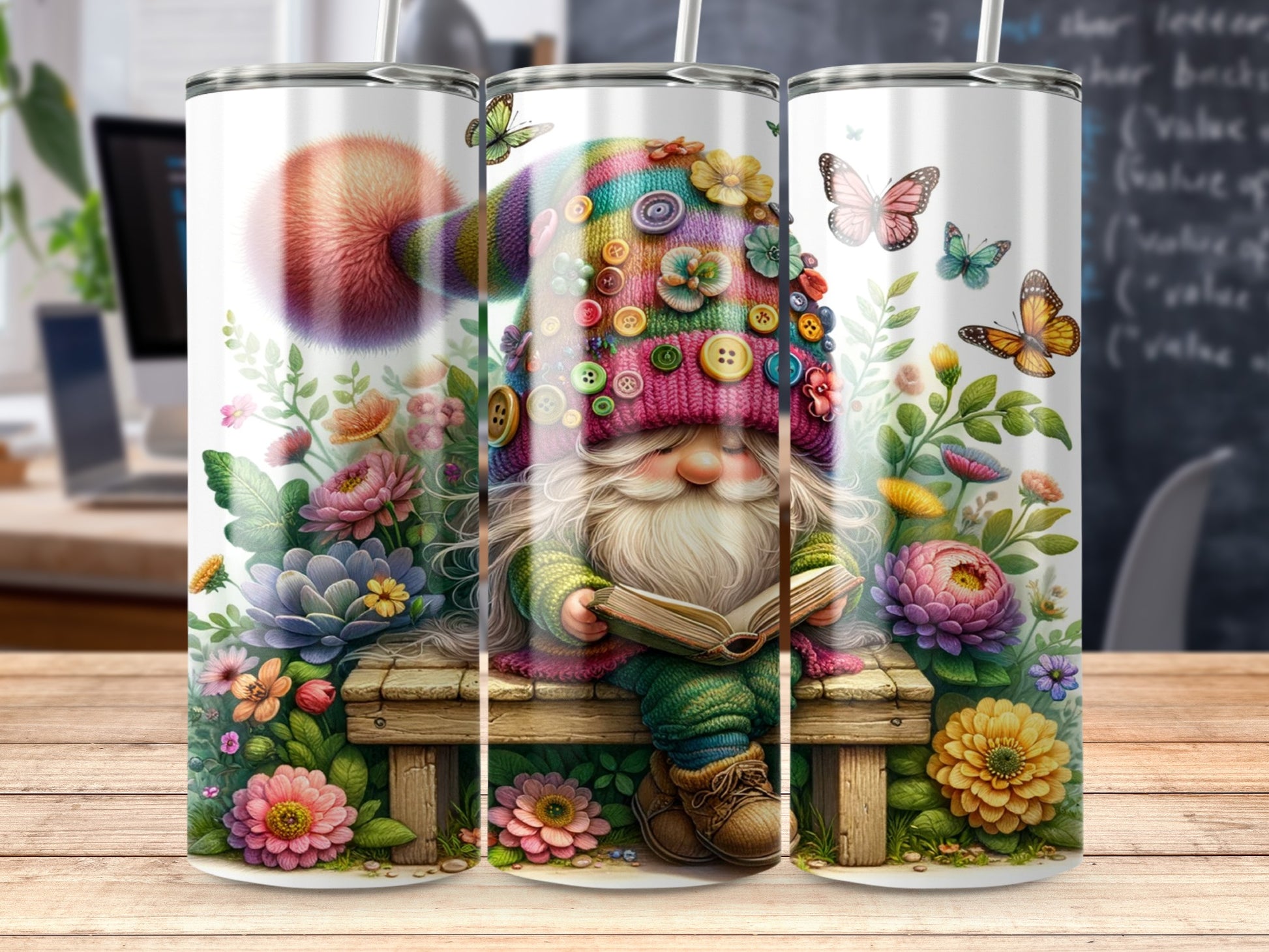 Gnome wearing colorful hat and clothes, reading on a bench, surrounded by flowers and butterflies.