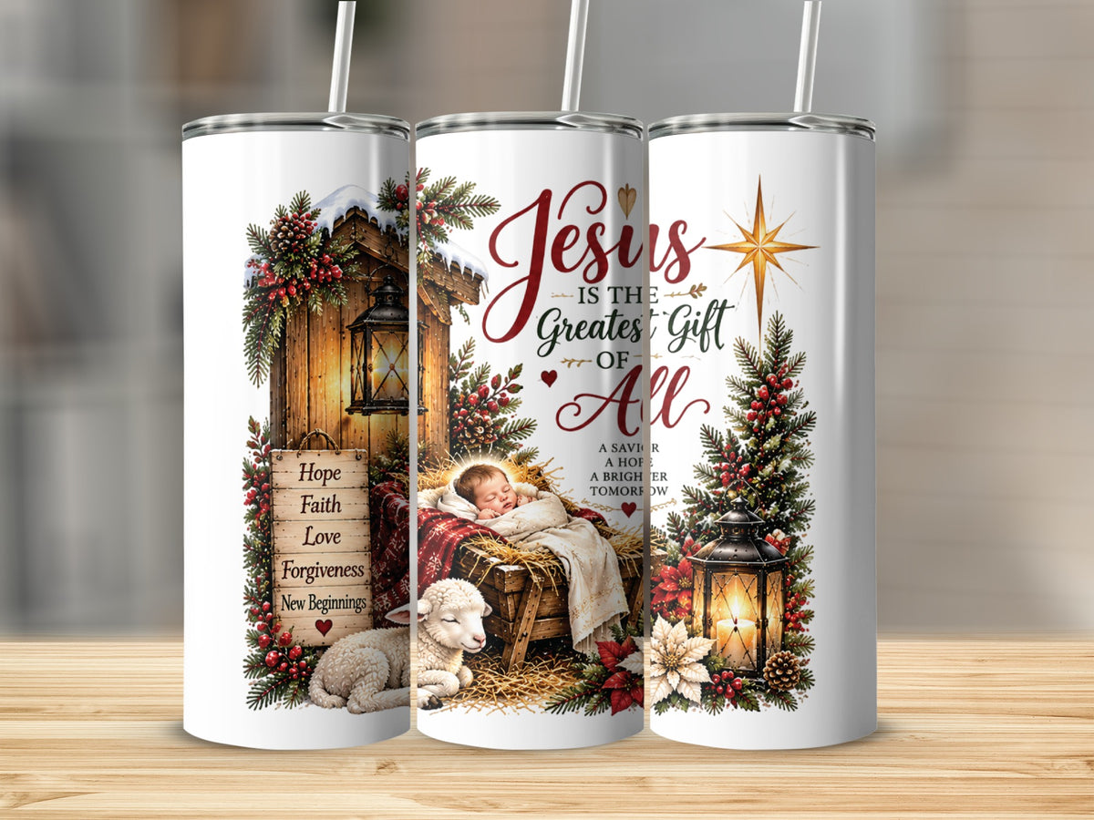 Three white tumblers feature a wraparound Christmas nativity scene with baby Jesus, a lamb, lanterns, and inspirational text.