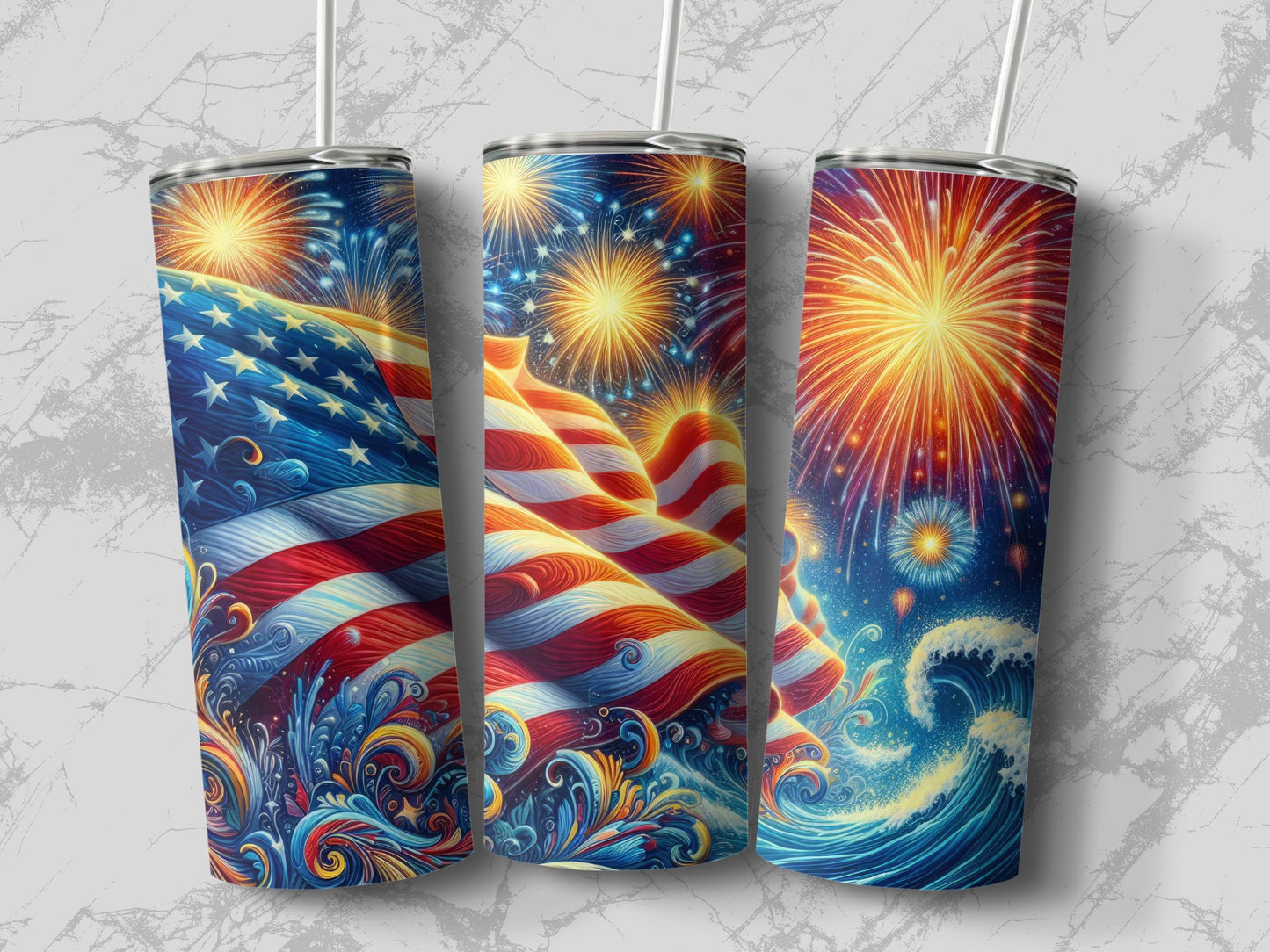 American flag pattern on three tumblers with fireworks and waves.
