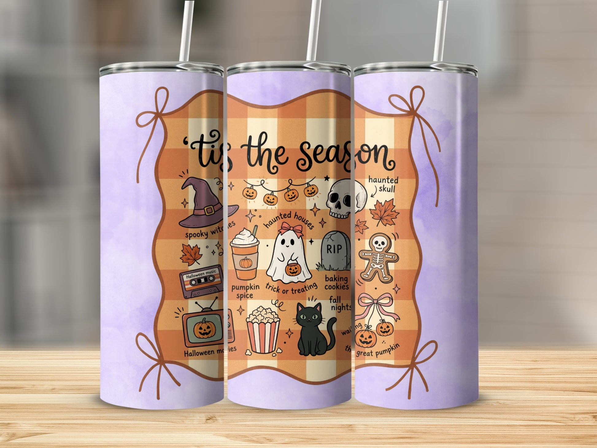 'Tis the season Halloween tumbler with spooky icons, black cat, and pumpkins.