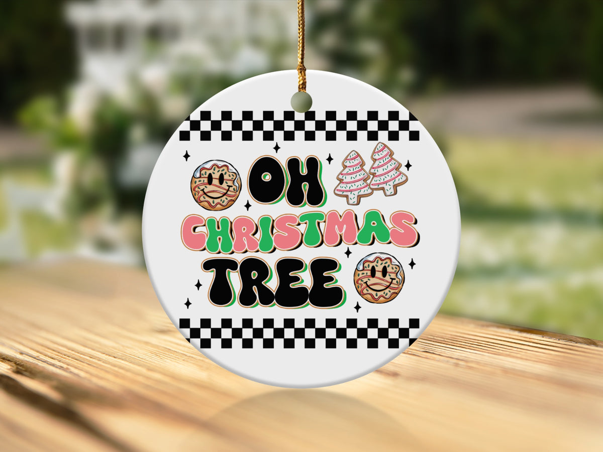 Round ceramic ornament with "Oh Christmas Tree" text and donut graphics.