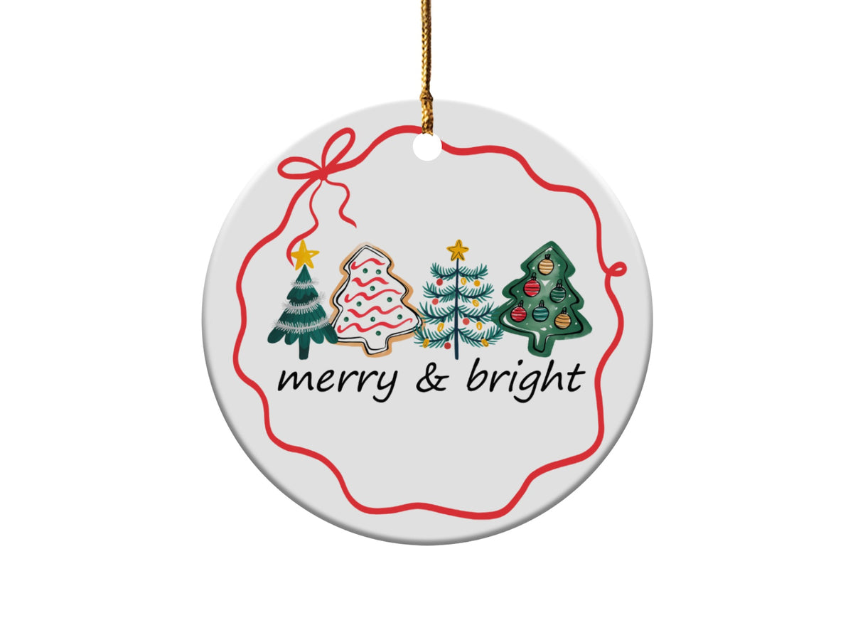 Round ornament with Christmas trees and "merry & bright" text.