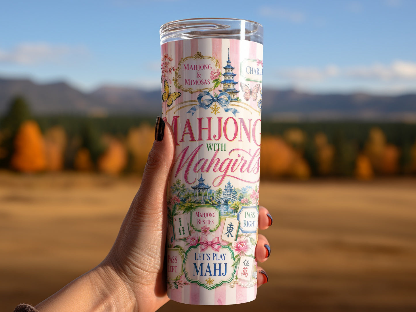 Tumbler with "Mahjong & Mimosas," "Mahjong Besties," and "Let's Play Mahj" text.