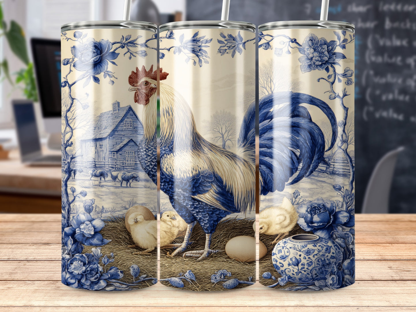 Rooster with chicks and eggs in a nest, surrounded by blue toile pattern.