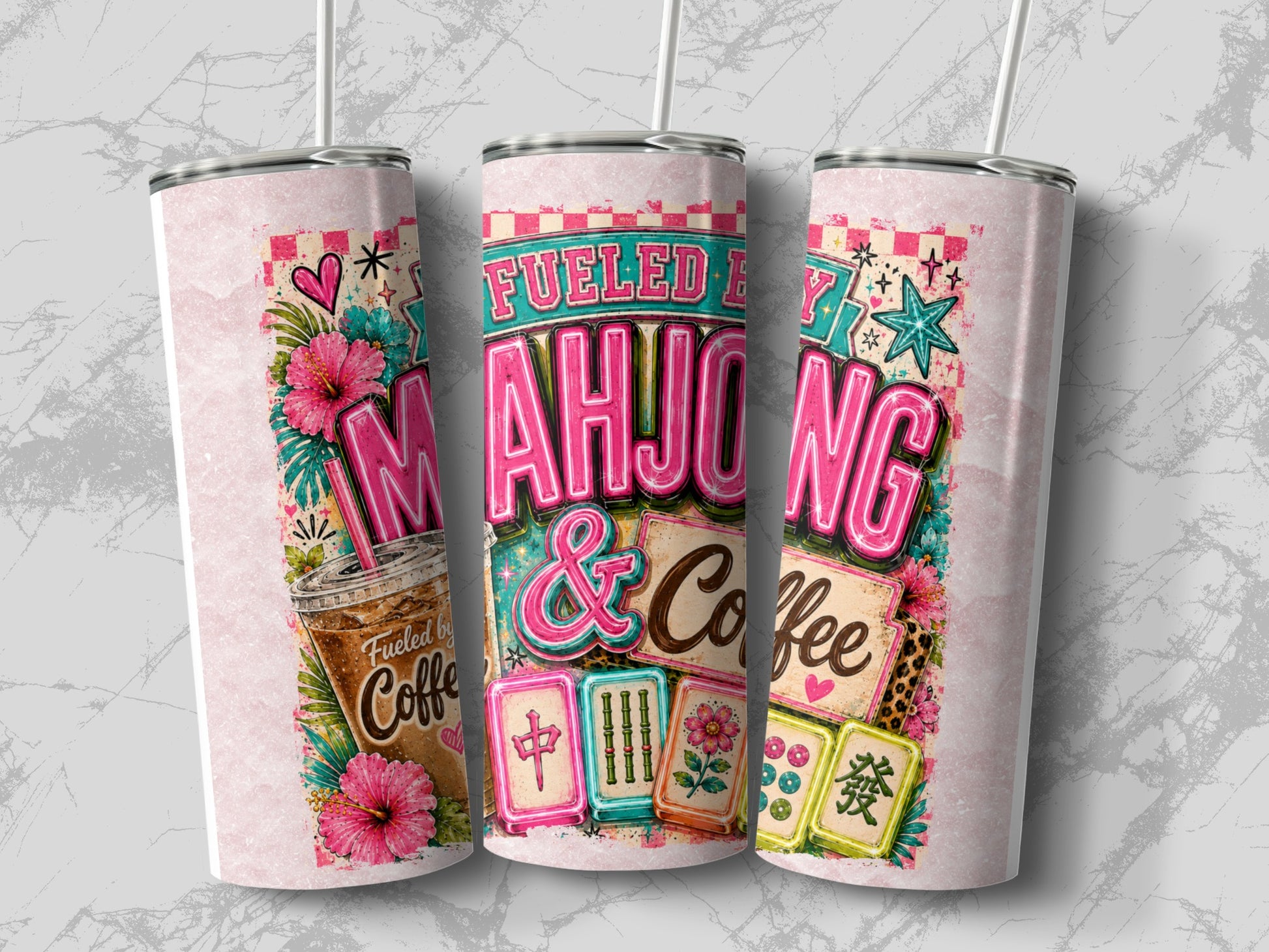 Three tumblers feature a "Fueled by Mahjong & Coffee" design with floral accents.
