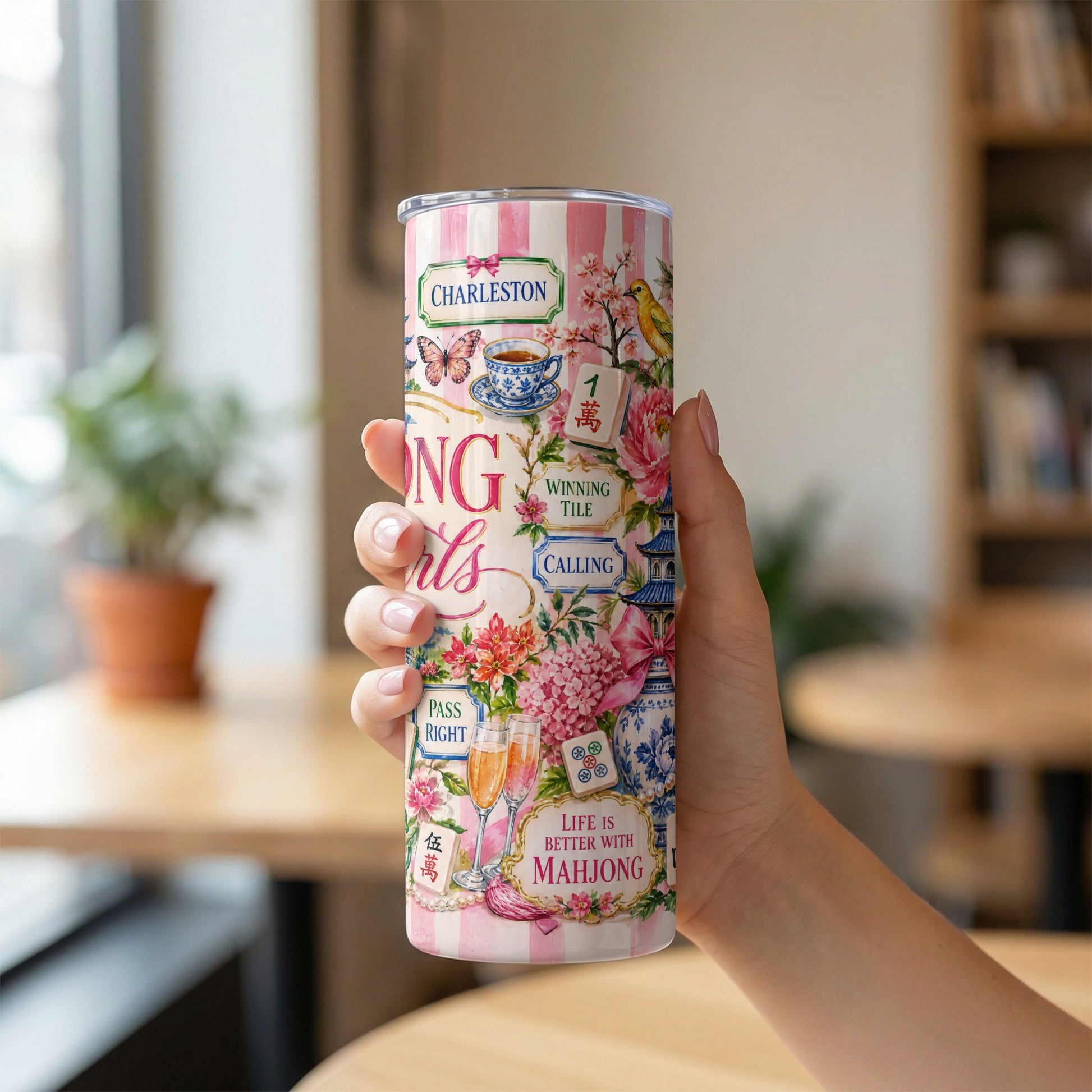 Tall tumbler with "Charleston" and "Life is Better with Mahjong" text and floral designs.