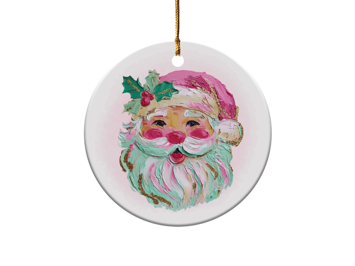 Round ornament featuring a textured painting of Santa's face with holly.
