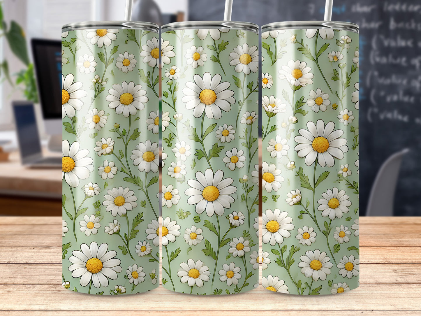 Three tumblers with a daisy floral pattern on a wooden surface.