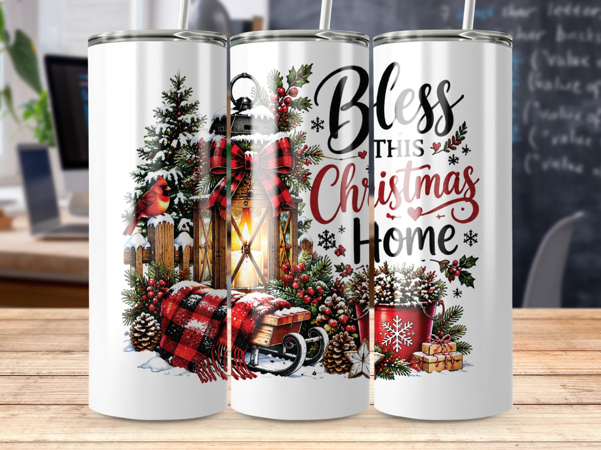 Three white skinny tumblers displaying a Christmas design featuring a lantern, red cardinal, and buffalo plaid blanket.