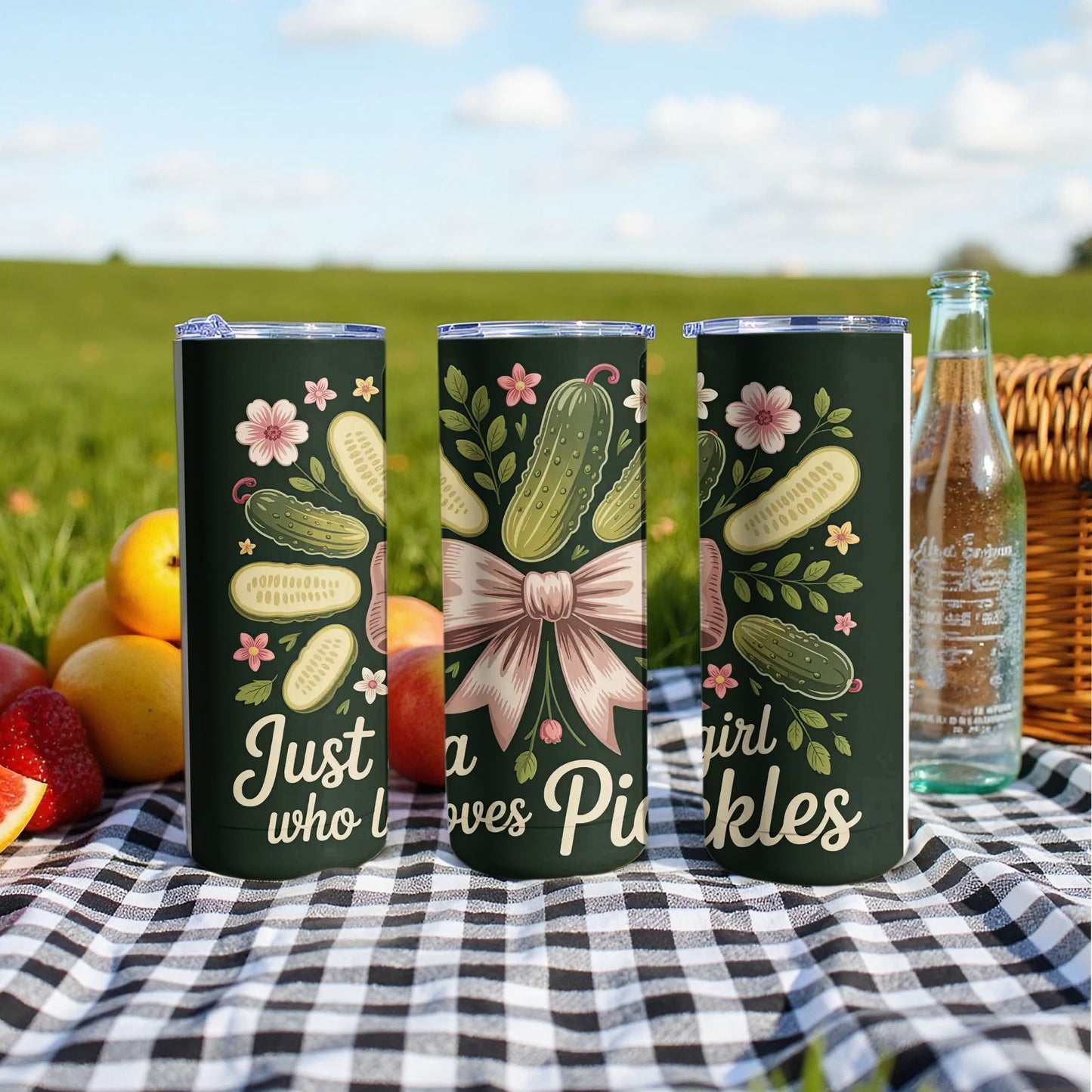 Three tumblers with pickles and a pink bow, reading "Just a girl who loves pickles".
