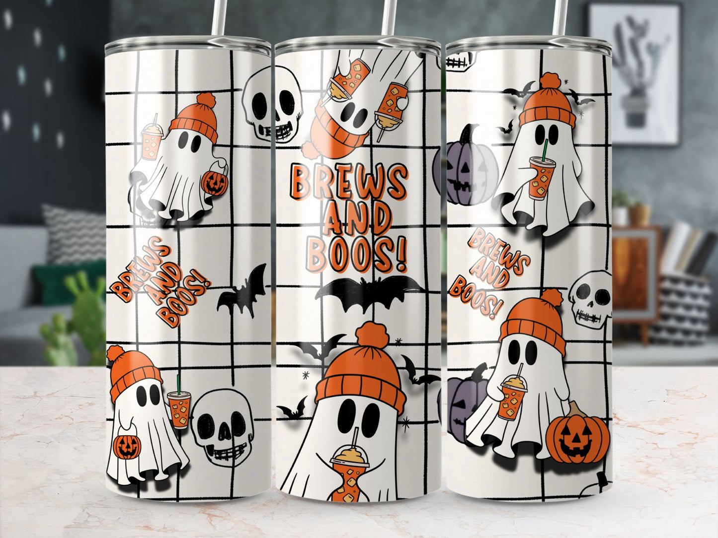Halloween tumblers with ghosts, skulls, pumpkins, bats, and "Brews and Boos!" text.