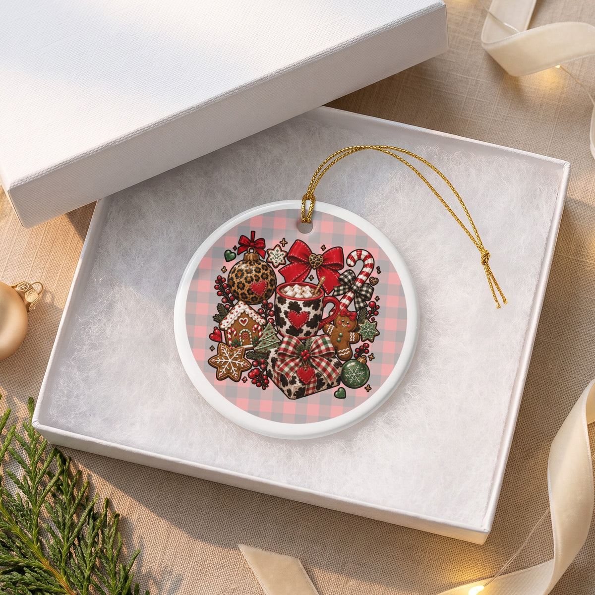 Round ceramic ornament with Christmas treats and holiday patterns in a gift box.