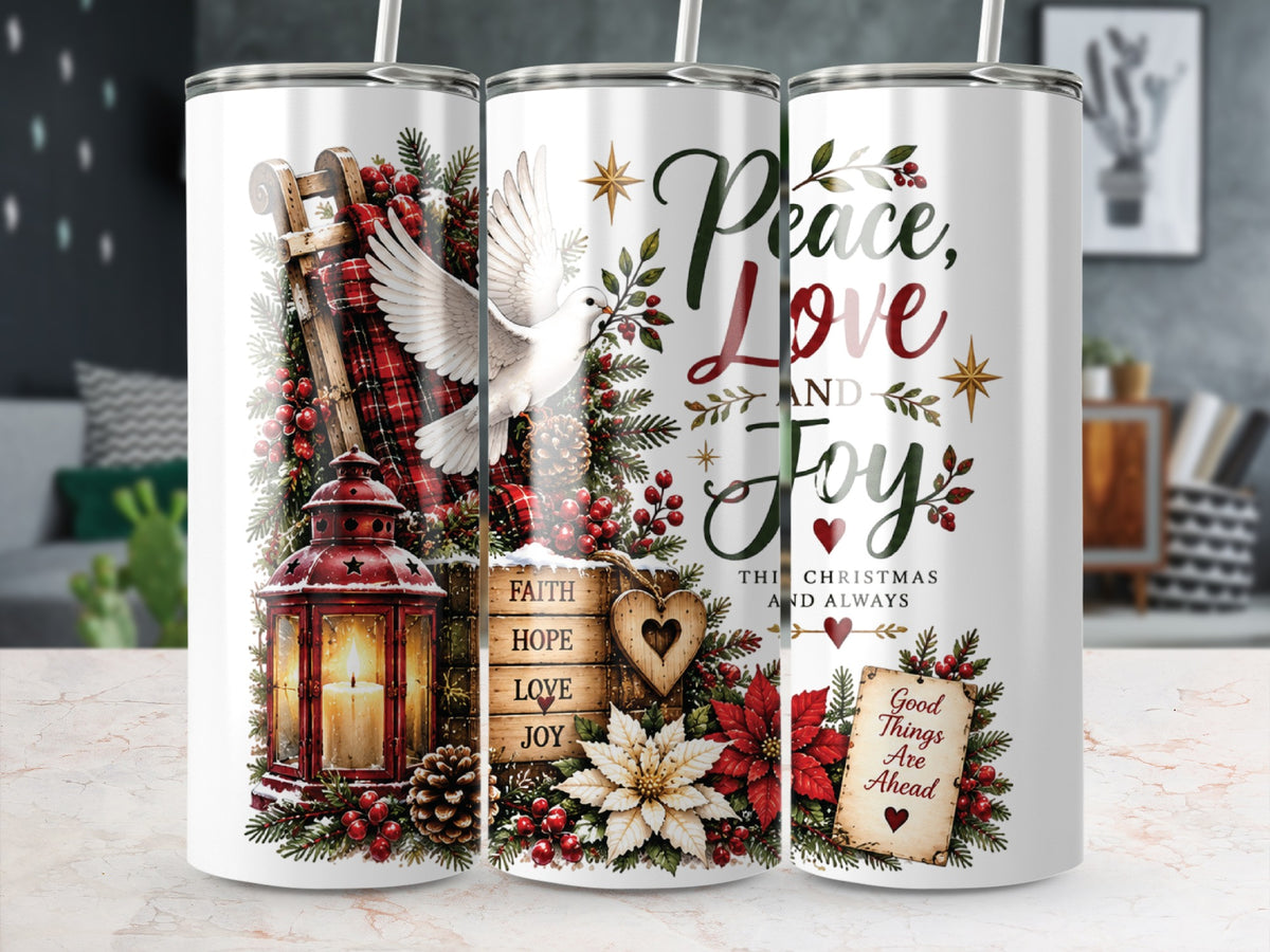 Three views of a white tumbler featuring Christmas graphics, including a dove, lantern, and the text Peace, Love and Joy.