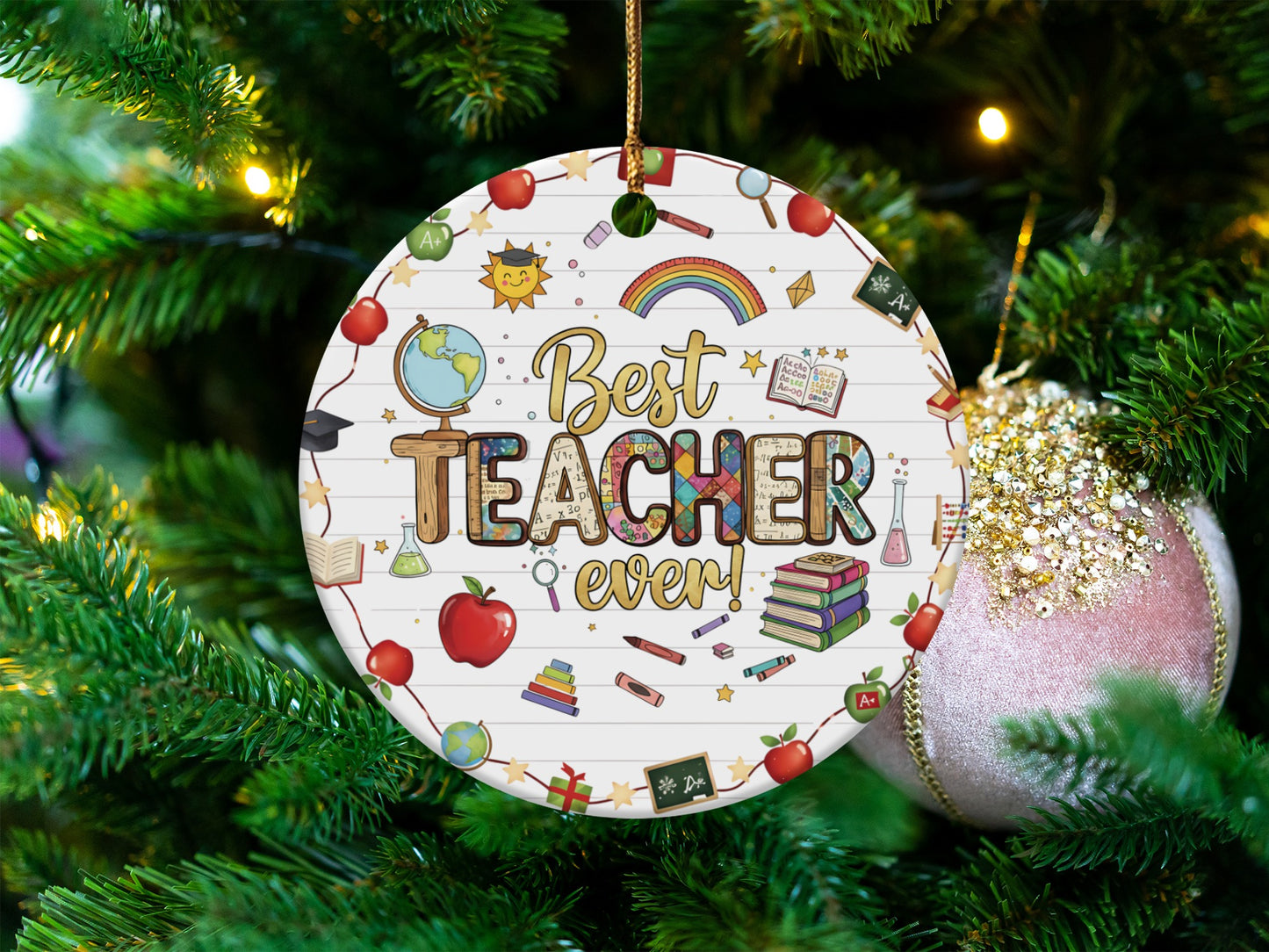 Round ornament with "Best Teacher Ever!" text and school-themed illustrations.