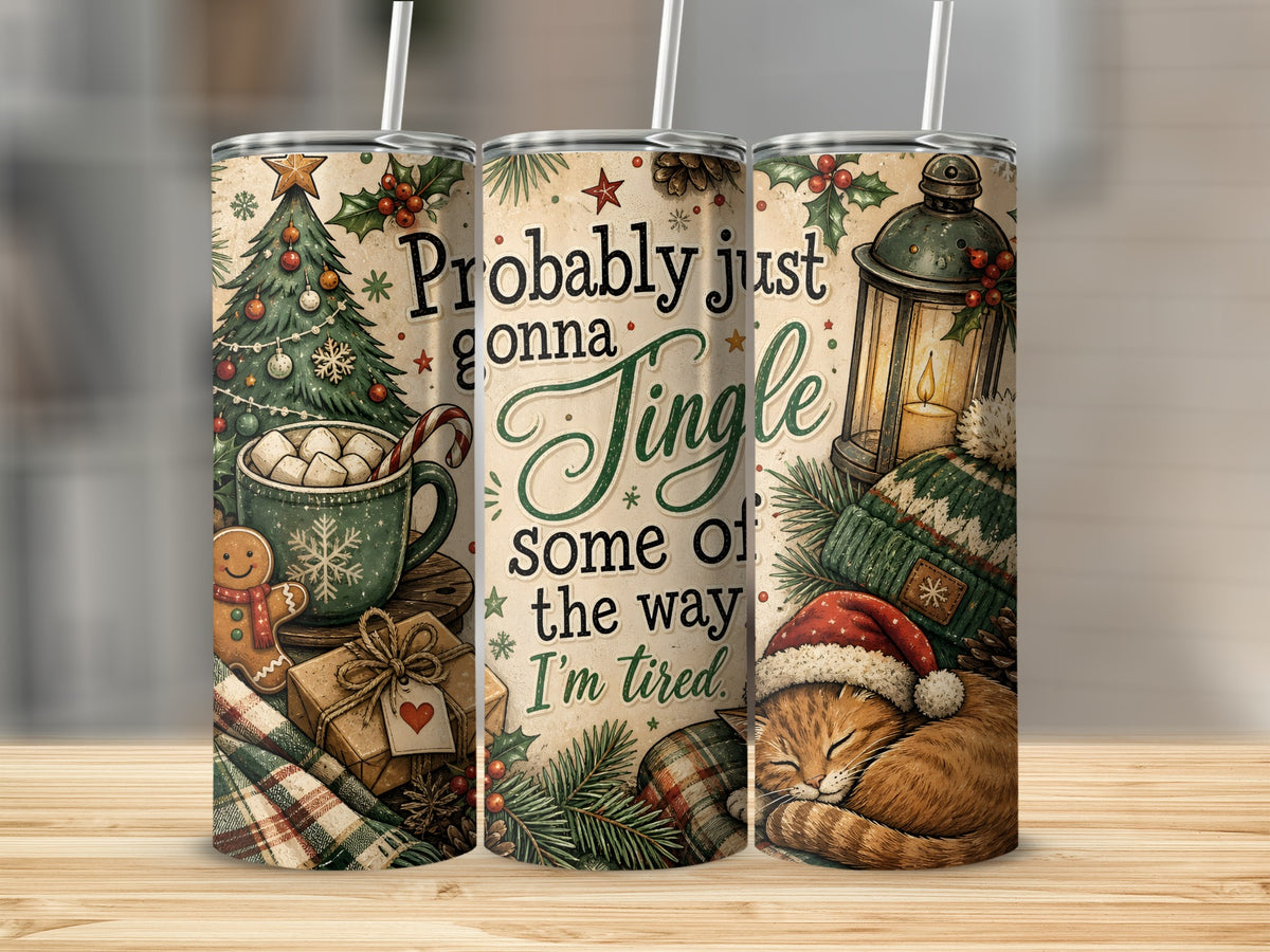 Three tall, insulated tumblers featuring a vintage Christmas design with a cat, tree, lantern, and text.