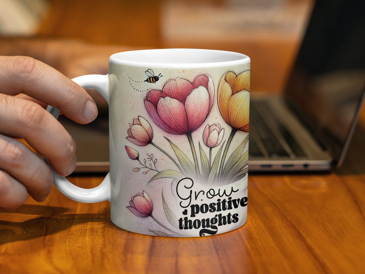 Grow Positive Thoughts Bee Tulips Flower Art Motivational product type