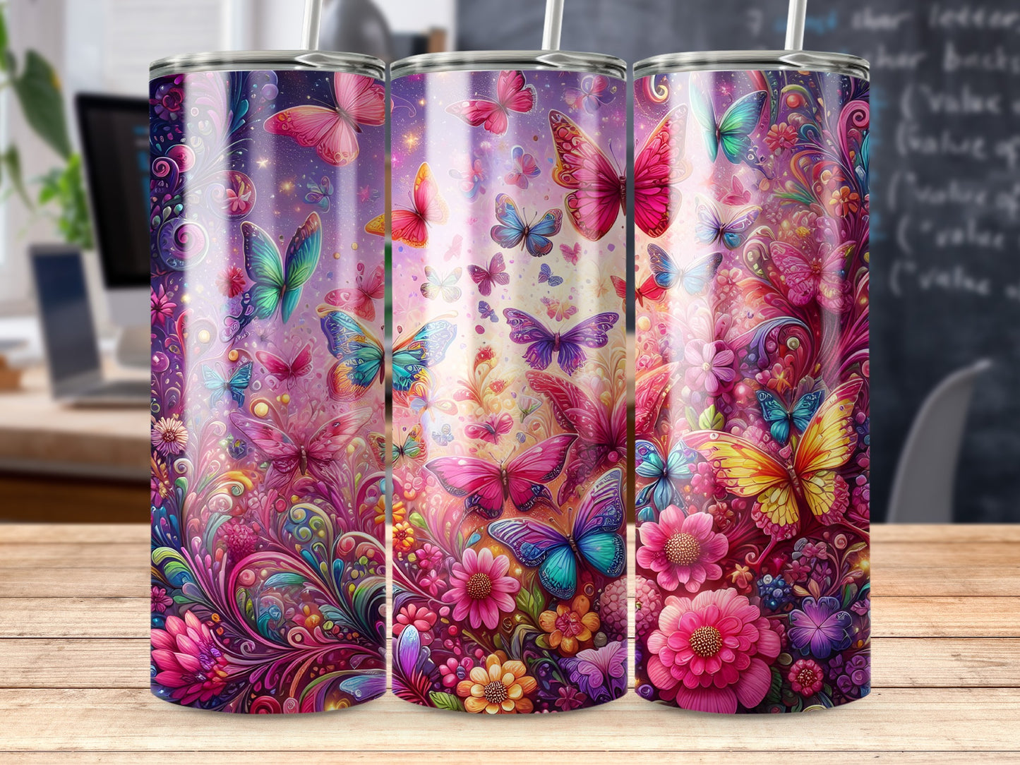 Three tumblers with vibrant butterfly and floral designs on a wooden surface.