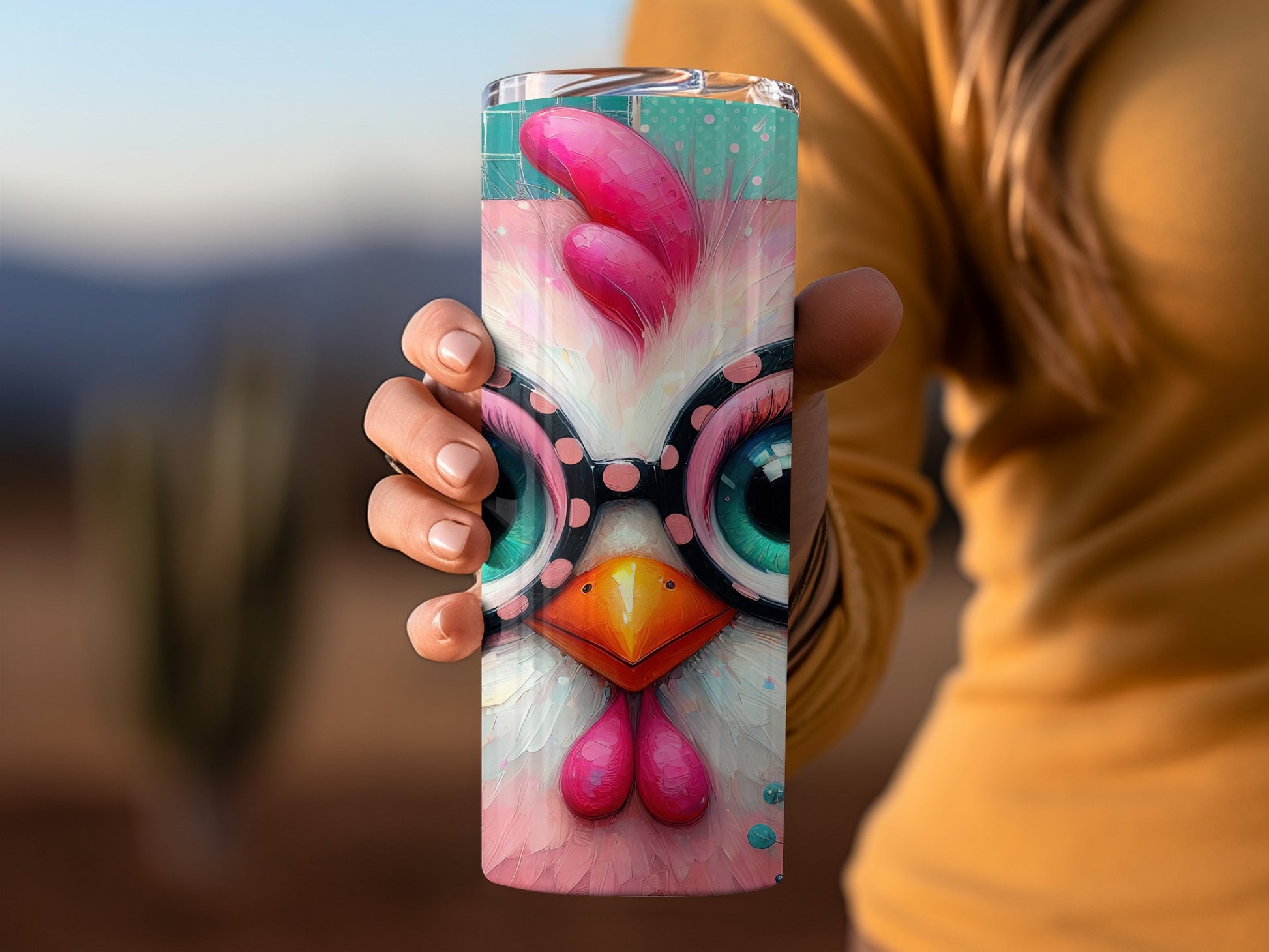 Pink chicken illustration with glasses on a tumbler held by a hand.