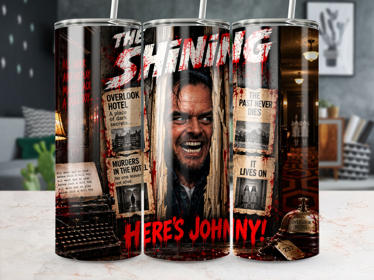 Three metal tumblers display The Shining horror movie graphics, featuring Jack Torrance and iconic film quotes.