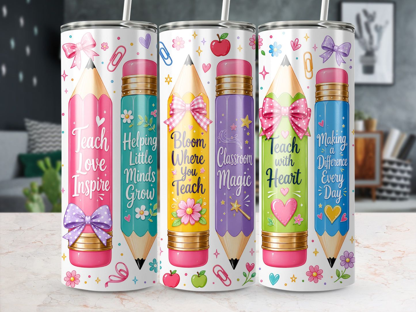 Five teacher-themed tumblers with pencil designs and inspirational quotes.