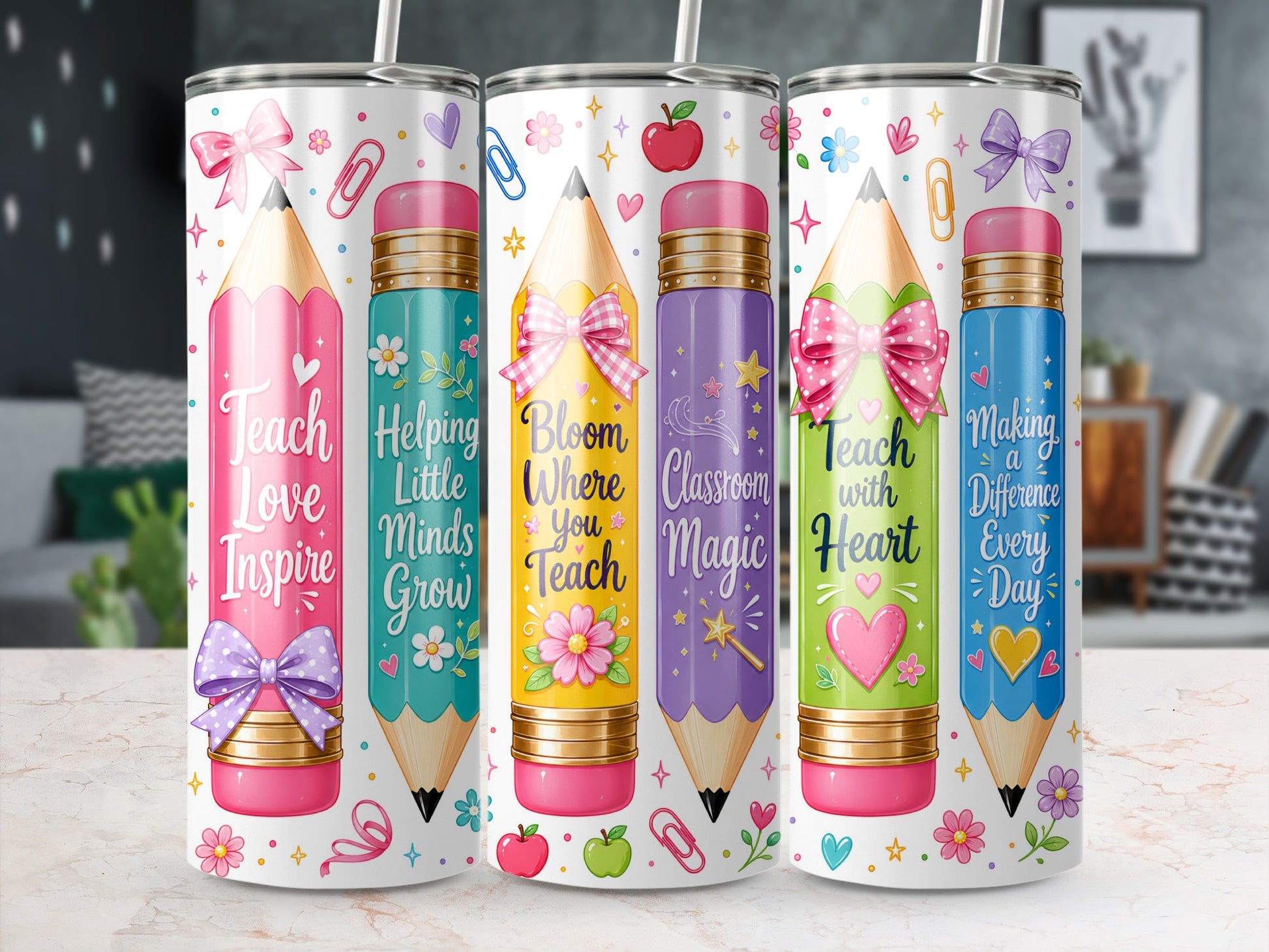 Five teacher-themed tumblers with pencil designs and inspirational quotes.