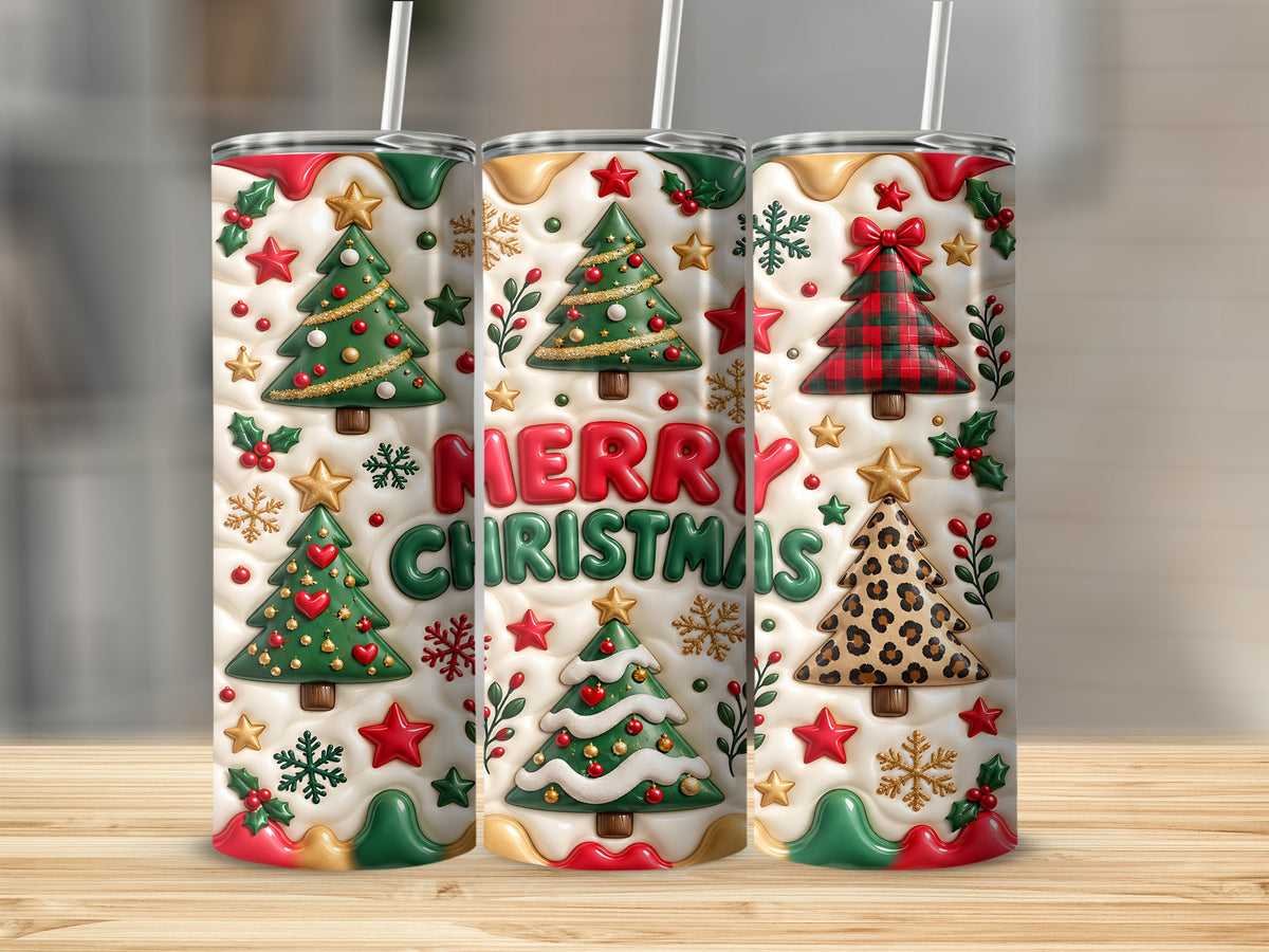 Three tall, cylindrical tumblers with straws feature a 3D embossed Christmas pattern, including decorated trees and red and green text reading Merry Christmas.